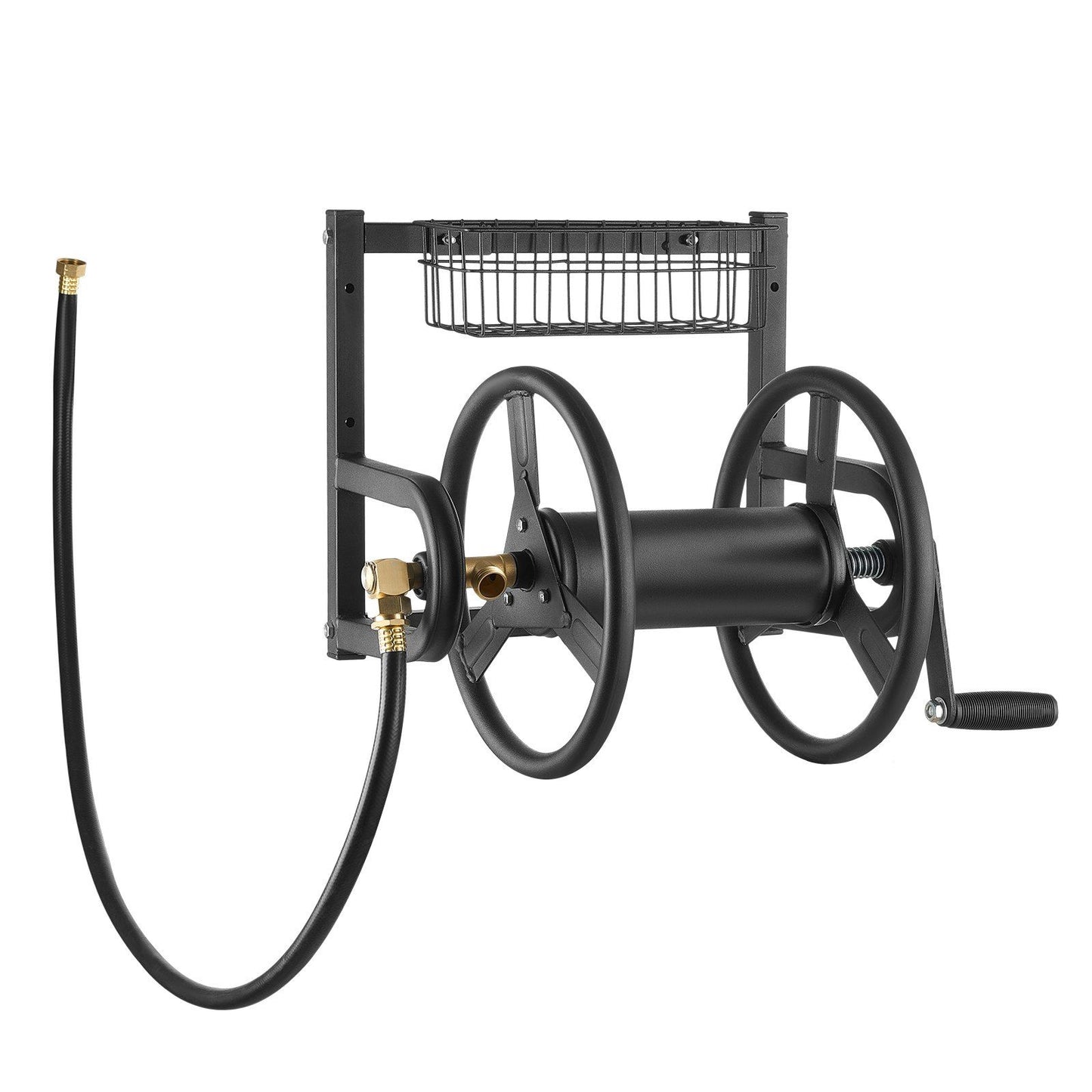 Wall Mounted Garden Hose Reel 125ft 5/8 in Hose Holder Brass Fitting & Basket - GoTypical