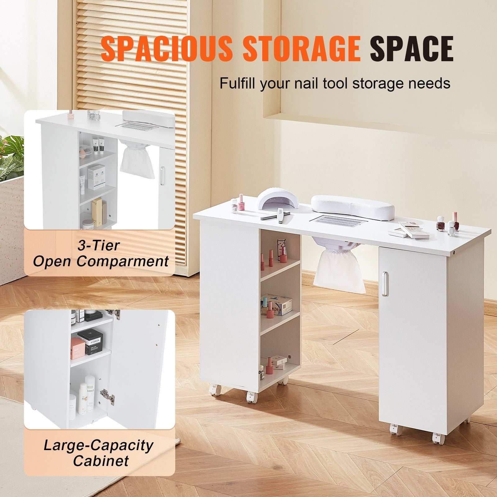 VEVOR Manicure Table, Nail Table Station with Electric Dust Collector, Moveable Nail Tech Desk with 8 Wheels (4 Lockable), 3 Dust Bag & Wrist Rest, MDF Nail Art Workstation for Spa Beauty Salon, White.