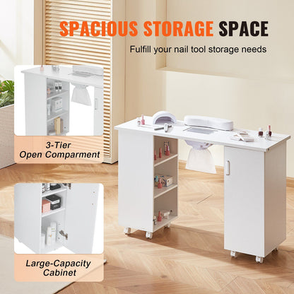 VEVOR Manicure Table, Nail Table Station with Electric Dust Collector, Moveable Nail Tech Desk with 8 Wheels (4 Lockable), 3 Dust Bag & Wrist Rest, MDF Nail Art Workstation for Spa Beauty Salon, White.