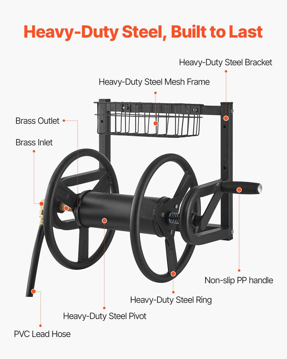 Wall Mounted Garden Hose Reel 125ft 5/8 in Hose Holder Brass Fitting & Basket - GoTypical