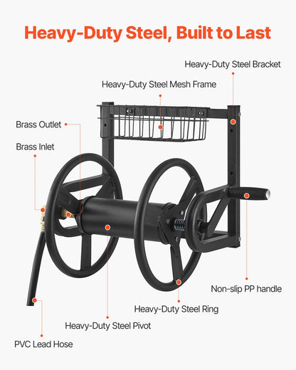 Wall Mounted Garden Hose Reel 125ft 5/8 in Hose Holder Brass Fitting & Basket - GoTypical