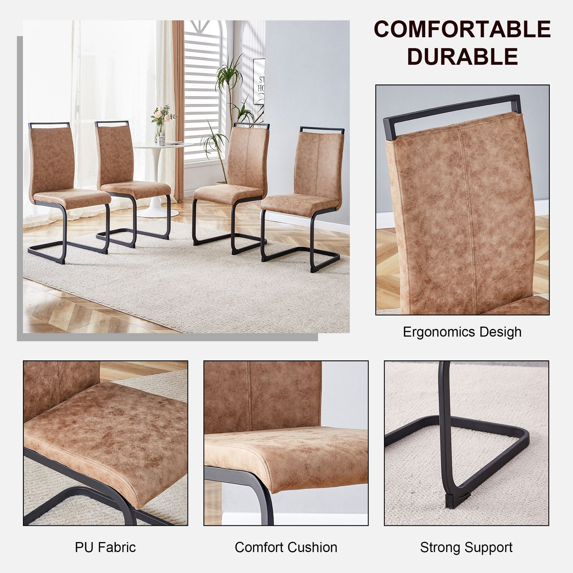 Dining Chairs,tech cloth High Back Upholstered Side Chair with C-shaped Tube Black Metal Legs for Dining Room Kitchen Vanity Patio Club Guest Office chair (Set of 2) Brown1162.