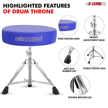 5 CORE Drum Throne Padded Guitar Stool Height Adjustable Music Chair Seat Universal for Adults & Kids with Anti Slip Rubber Feet DS CH BLU.