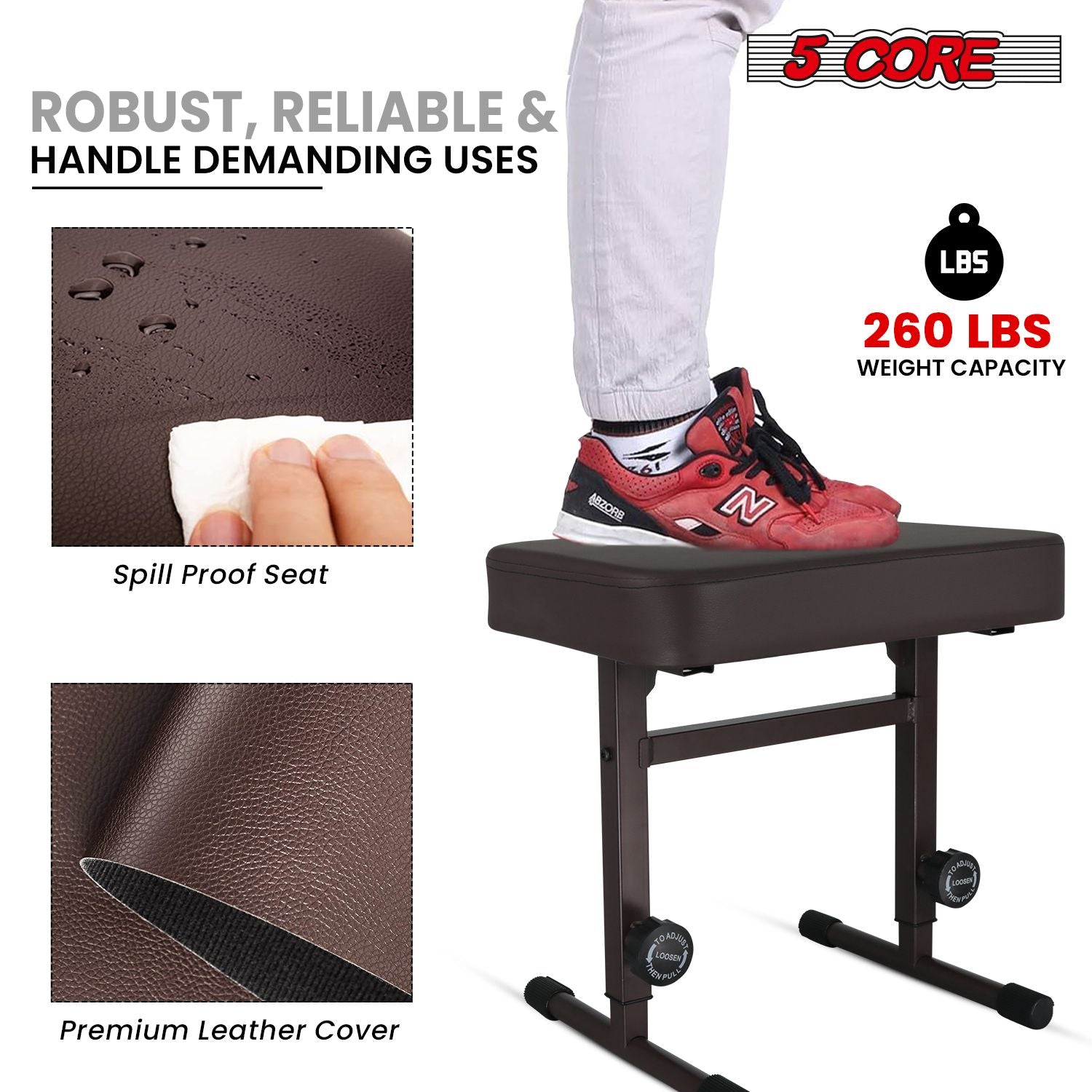 5 CORE Keyboard Bench Piano Stool T Style Brown Thick Padded Cushion Seat | Height Adjustable 17 to 22 inch | Keyboard Chair (PU Leather) KBB H-ADJ BR.
