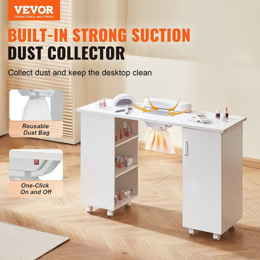 VEVOR Manicure Table, Nail Table Station with Electric Dust Collector, Moveable Nail Tech Desk with 8 Wheels (4 Lockable), 3 Dust Bag & Wrist Rest, MDF Nail Art Workstation for Spa Beauty Salon, White.