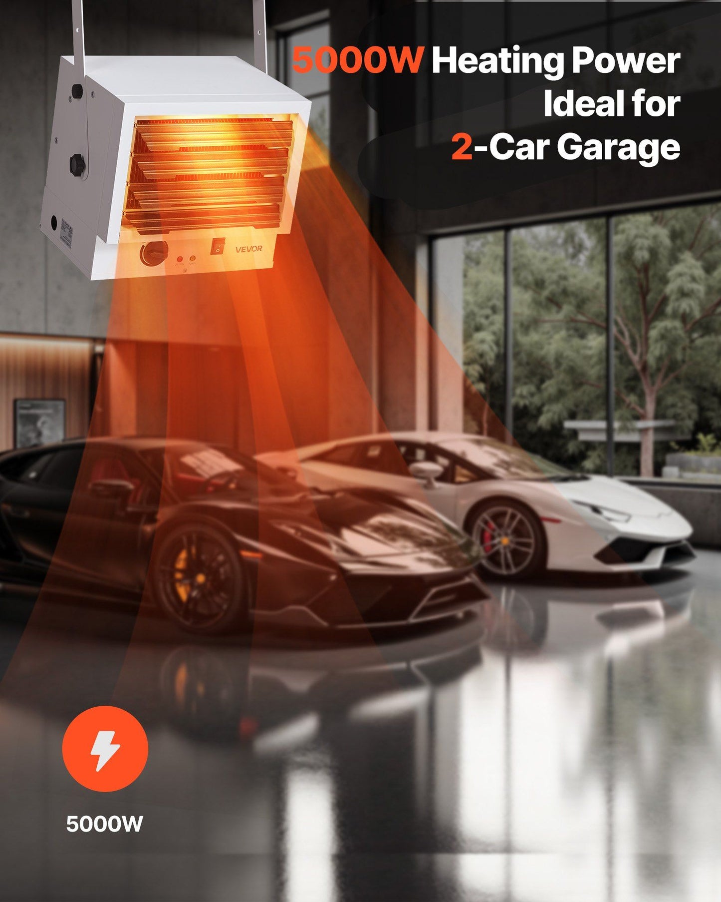 VEVOR Electric Garage Heater, 5000-Watt Wall/Ceiling Mounted Shop Heater for 2 Cars, Overheat Protection & 3 Adjustable Angles, Heavy Duty Commercial for Indoor Workshop Warehouse, 240V White - GoTypical