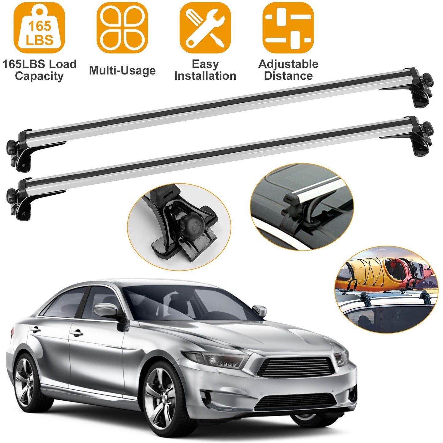 47.24in Universal Top Roof Rack Cross Bar Cargo Carrier Aluminum Crossbar Rack w/ 165LBS Capacity Fit for Most Vehicle Wagon Car Without Roof Side Rail.