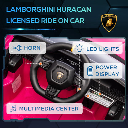 Qaba 12V Lamborghini Huracan Licensed Kids Electric Car with Parent Remote Control, Spring Suspension, Training Wheel, Pink.