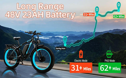 Electric Bike KETELES 48V 23AH Dual Motor 1000W x2 26" Fat Tire MTB - GoTypical