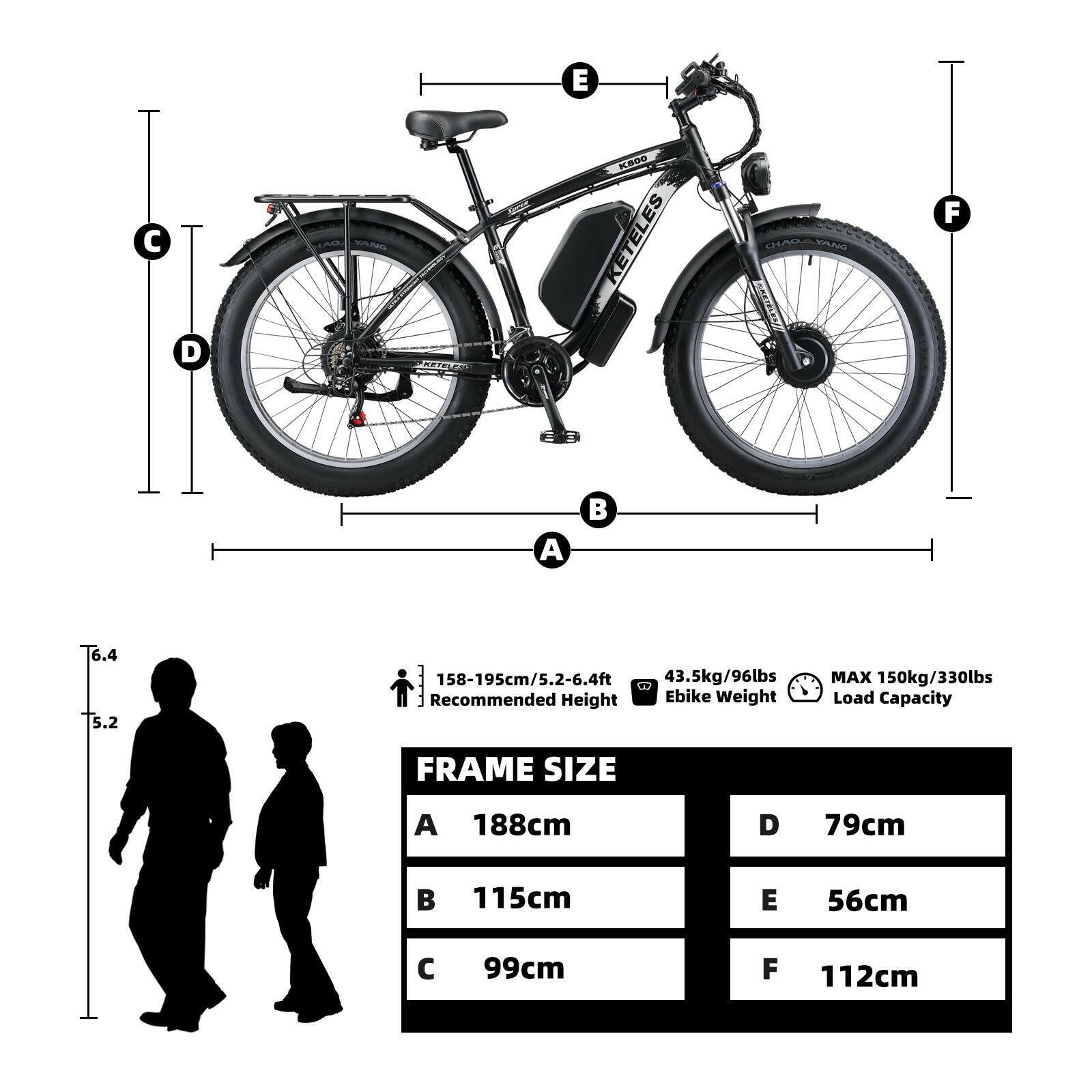 Electric Bike KETELES 48V 23AH Dual Motor 1000W x2 26" Fat Tire MTB - GoTypical