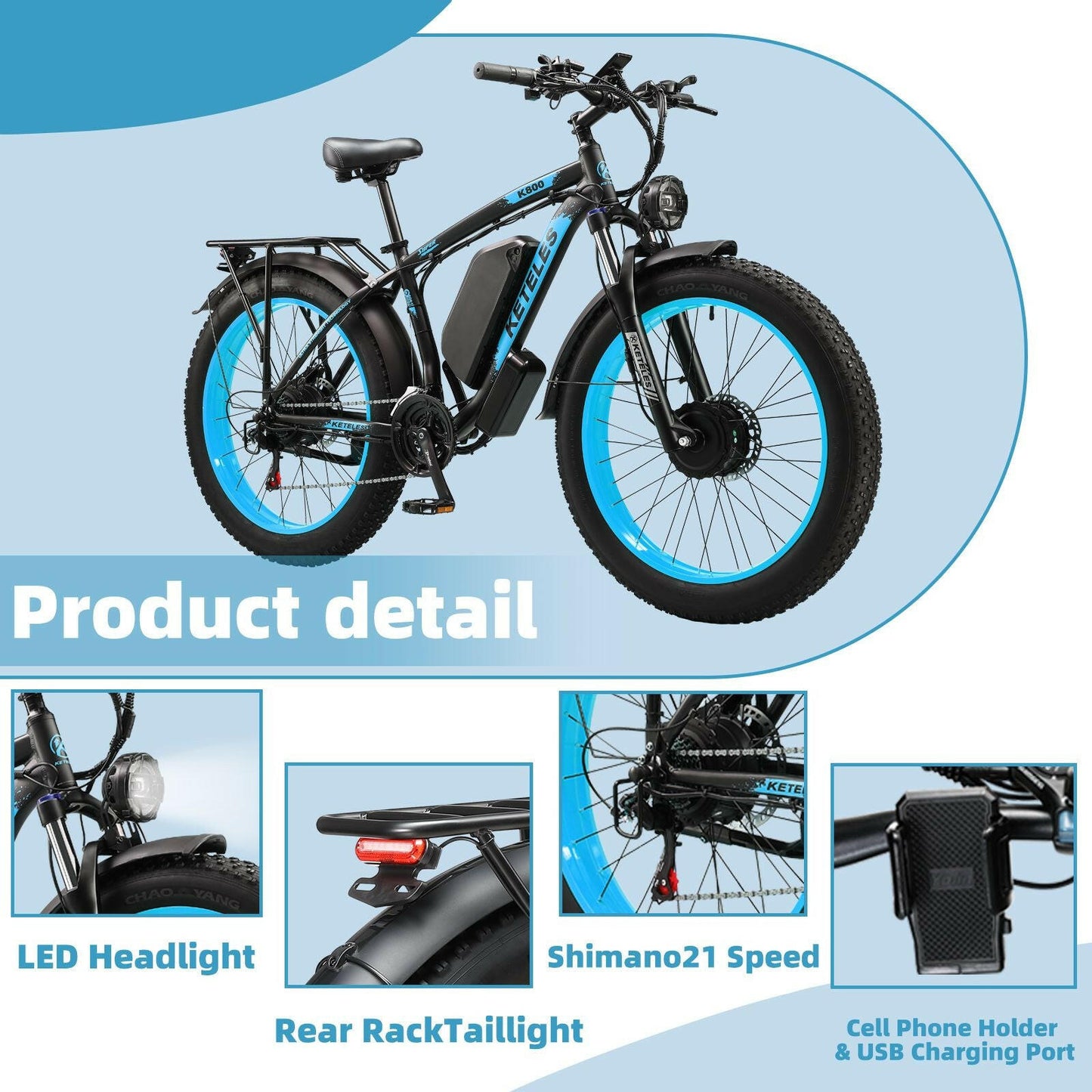Electric Bike KETELES 48V 23AH Dual Motor 1000W x2 26" Fat Tire MTB - GoTypical