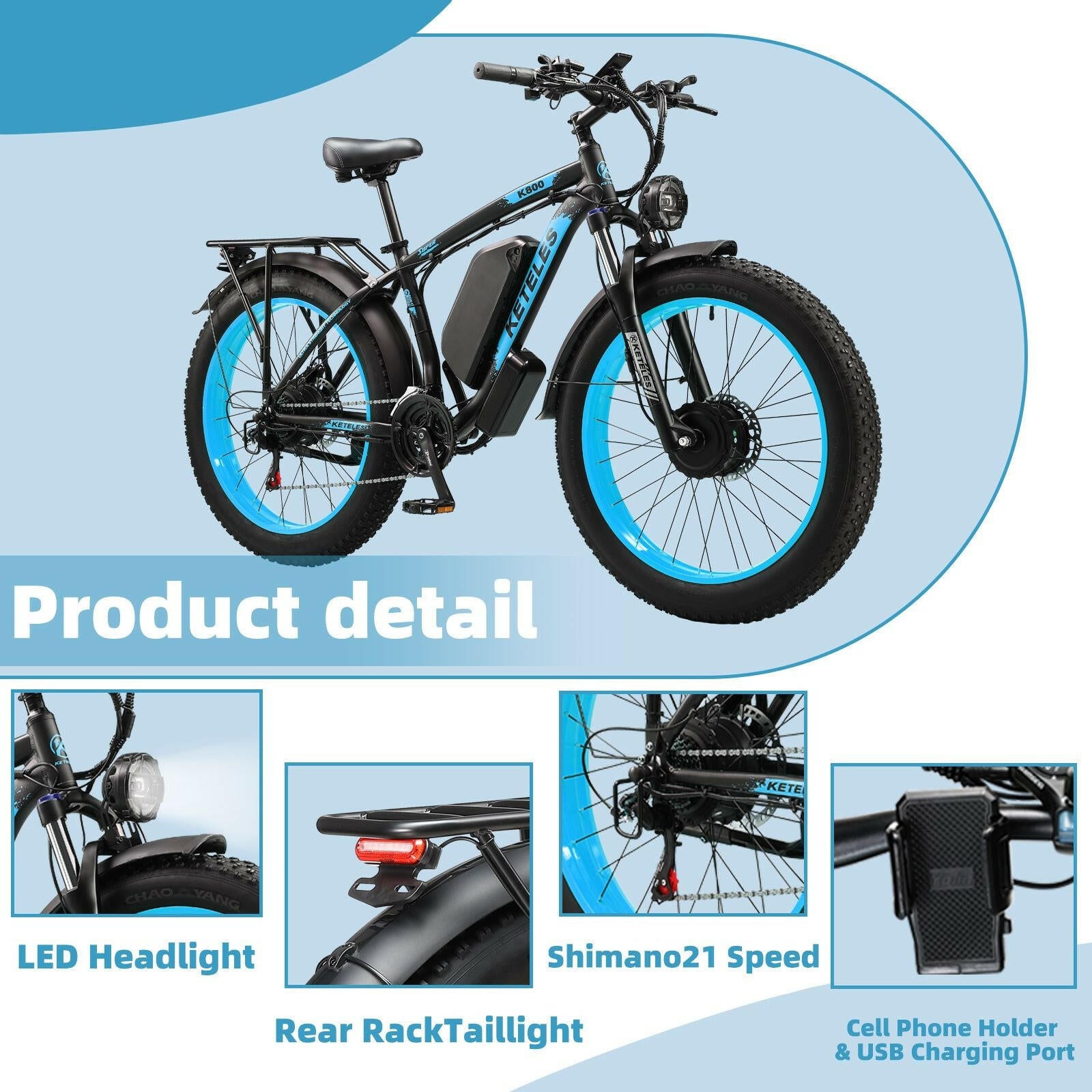 Electric Bike KETELES 48V 23AH Dual Motor 1000W x2 26" Fat Tire MTB - GoTypical