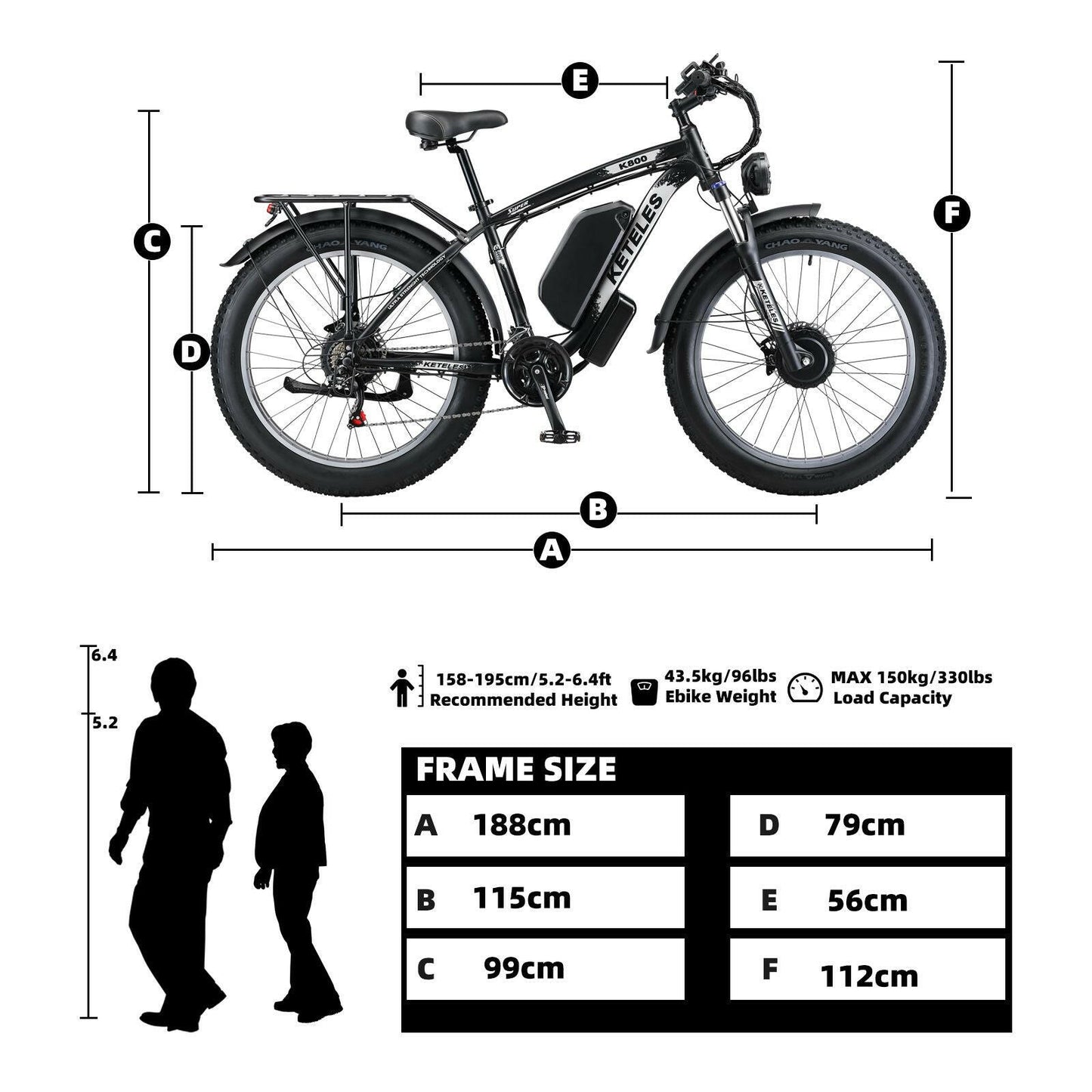 Electric Bike KETELES 48V 23AH Dual Motor 1000W x2 26" Fat Tire MTB - GoTypical