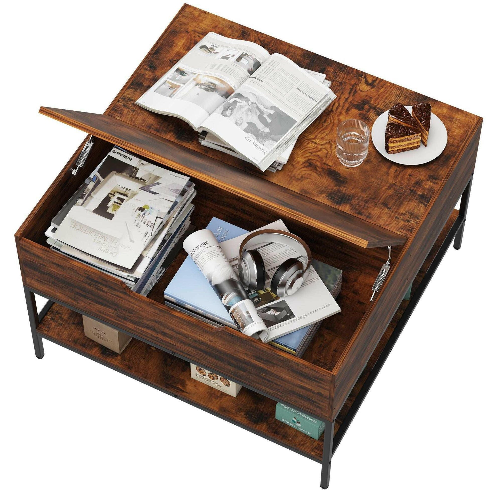 . Farmhouse Flip Top Coffee Table – Rustic Wood Grain, Metal Frame - GoTypical