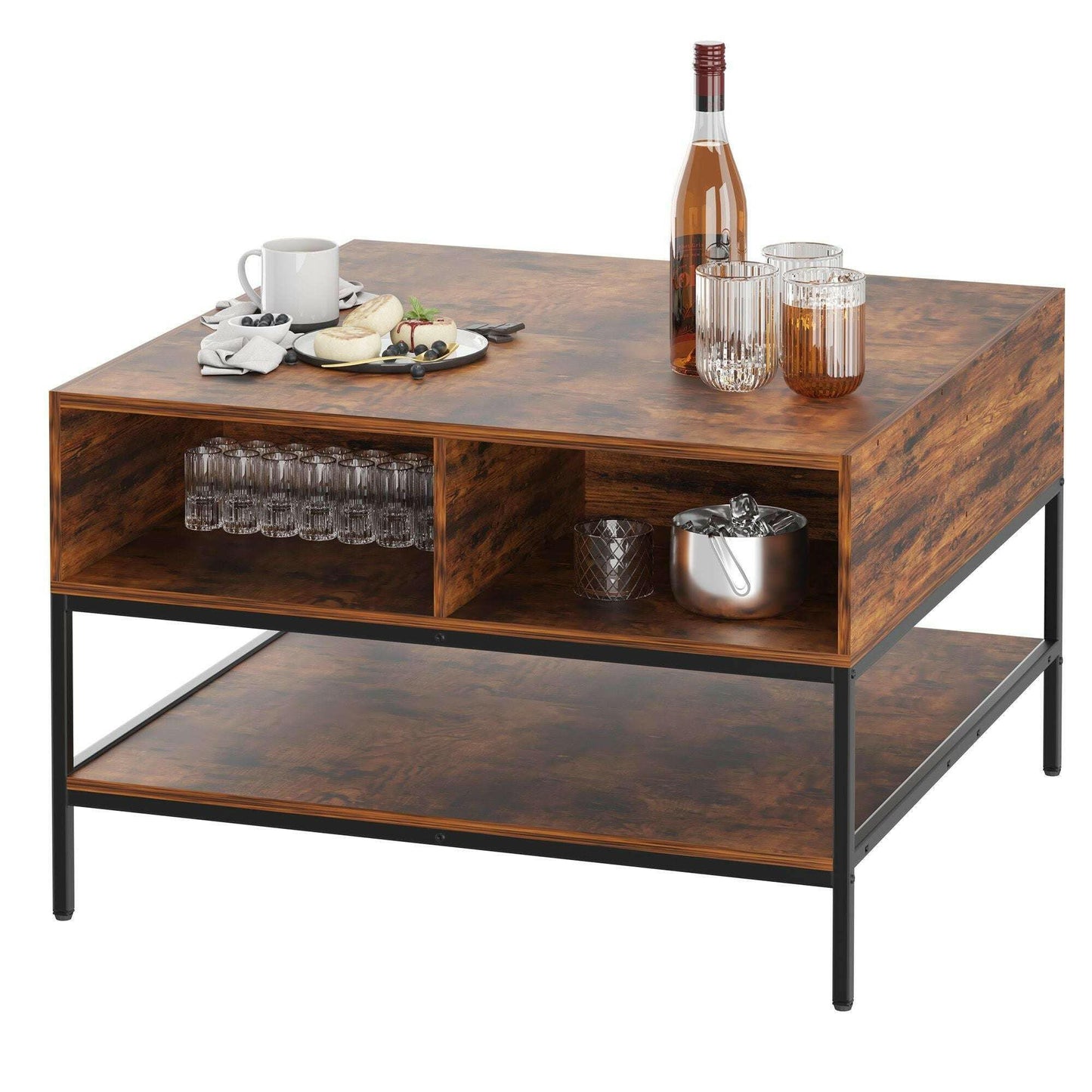 . Farmhouse Flip Top Coffee Table – Rustic Wood Grain, Metal Frame - GoTypical