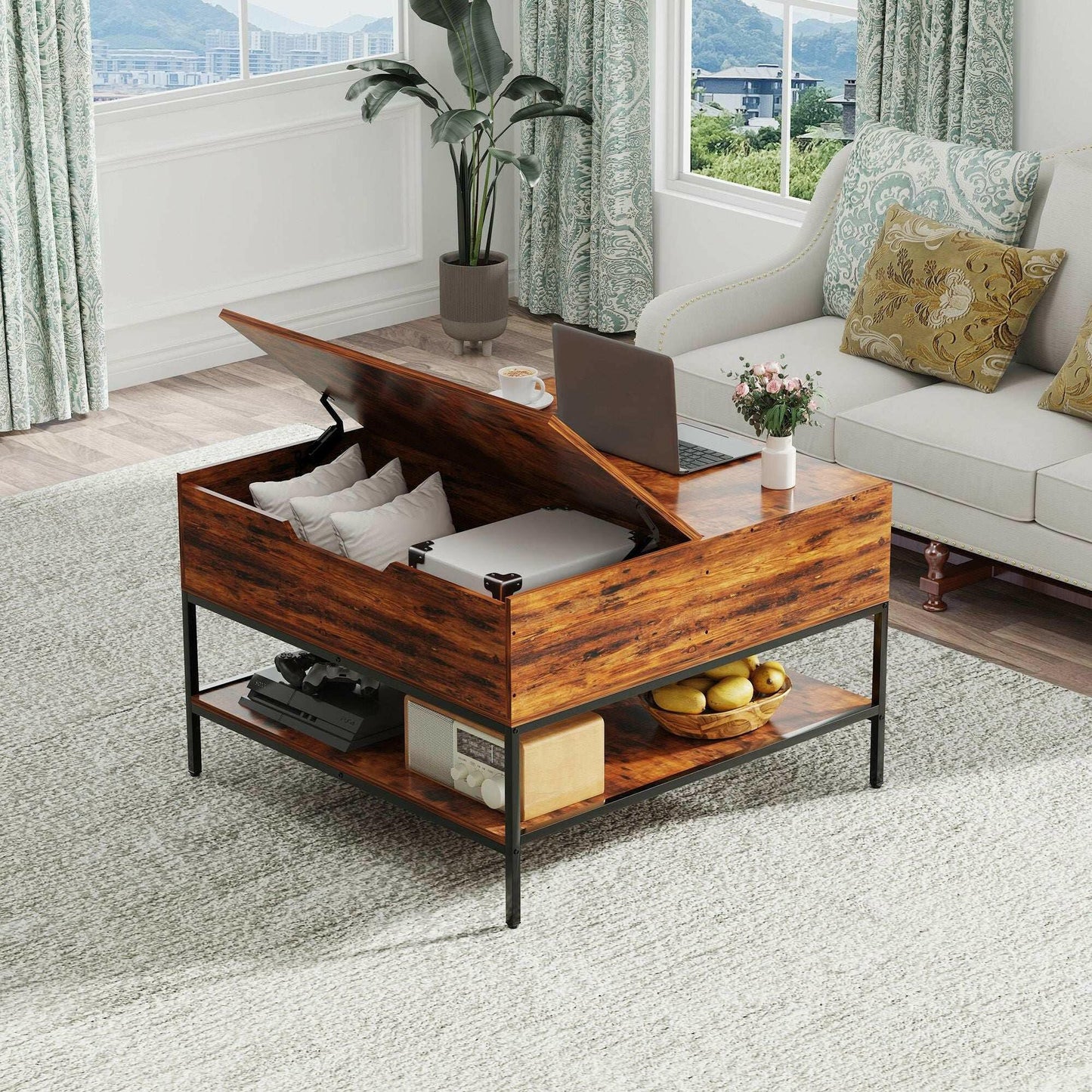 . Farmhouse Flip Top Coffee Table – Rustic Wood Grain, Metal Frame - GoTypical