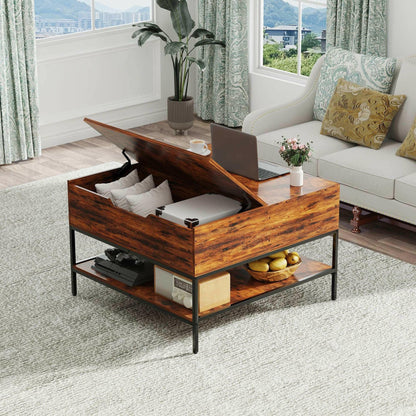 . Farmhouse Flip Top Coffee Table – Rustic Wood Grain, Metal Frame - GoTypical