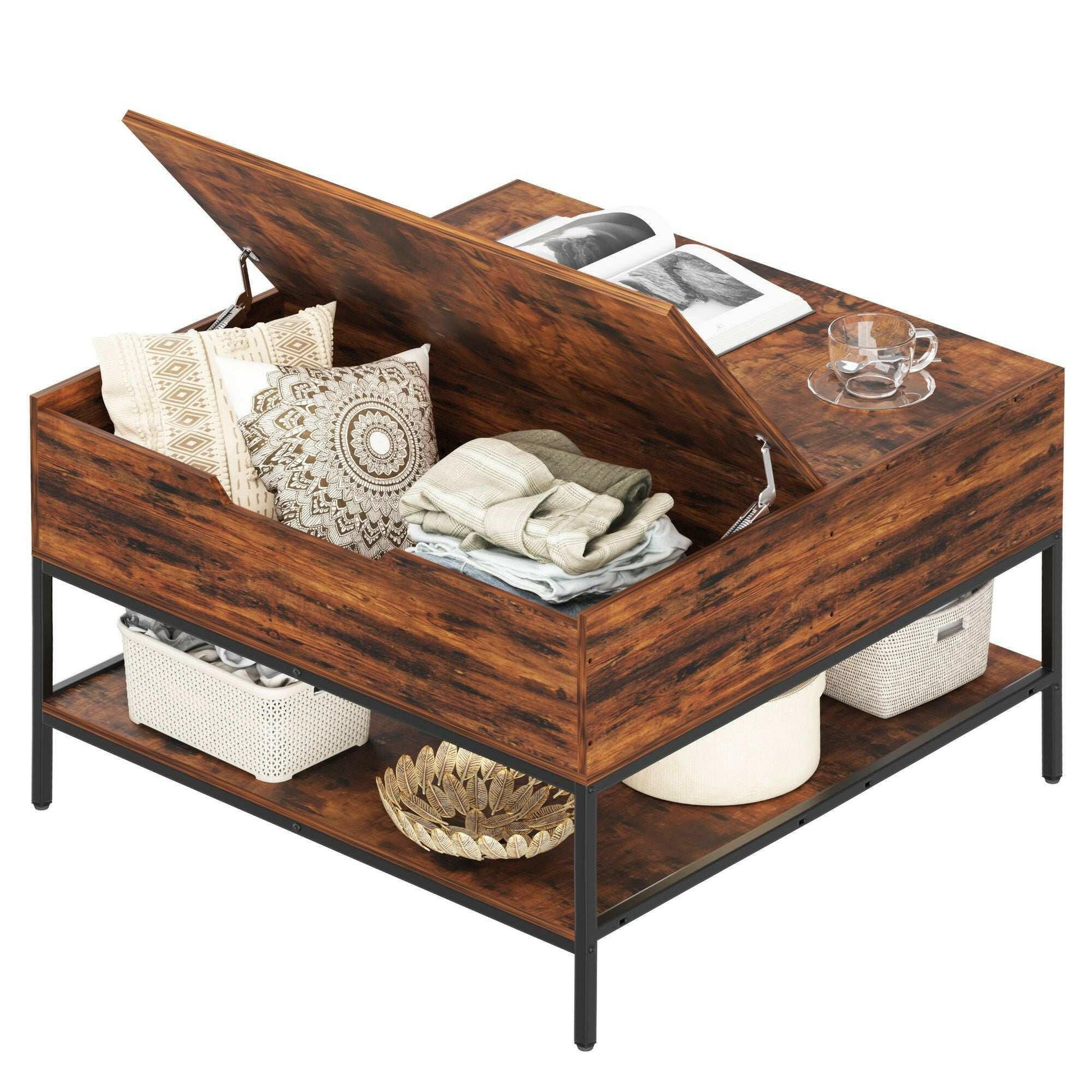 . Farmhouse Flip Top Coffee Table – Rustic Wood Grain, Metal Frame - GoTypical