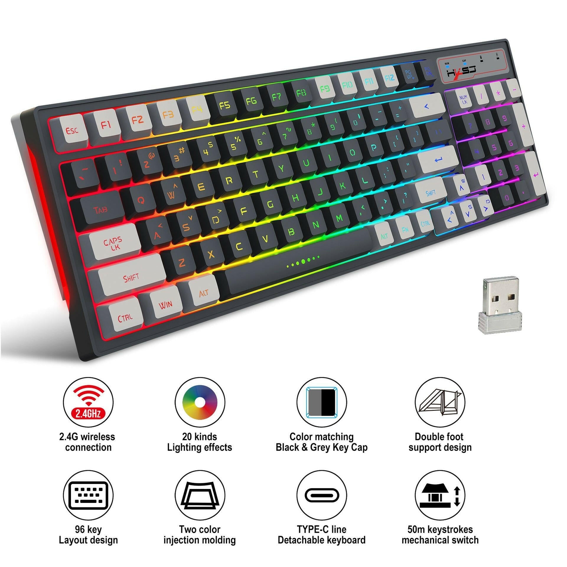 . Gaming Keyboard – RGB Backlight, Gray & White Two-Color Keycaps, 2.4G Wireless - GoTypical