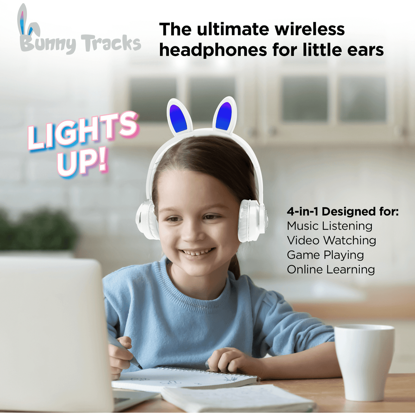 HyperGear Bunny Tracks Wireless Kids Headphones – Light-Up LED Ears - GoTypical