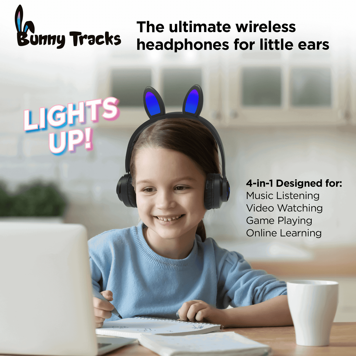 HyperGear Bunny Tracks Wireless Kids Headphones – Light-Up LED Ears - GoTypical