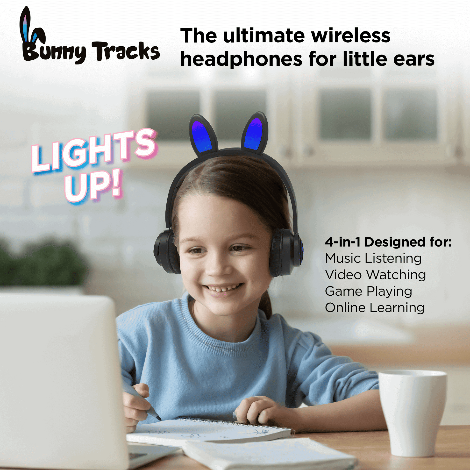 HyperGear Bunny Tracks Wireless Kids Headphones – Light-Up LED Ears - GoTypical