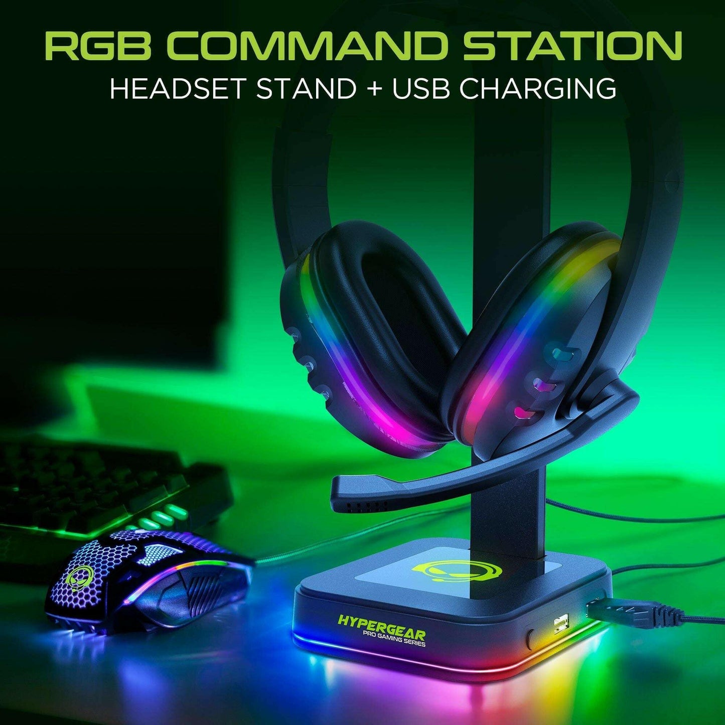 HyperGear RGB Command Station Headset Stand – Dual USB Ports & Lighting - GoTypical