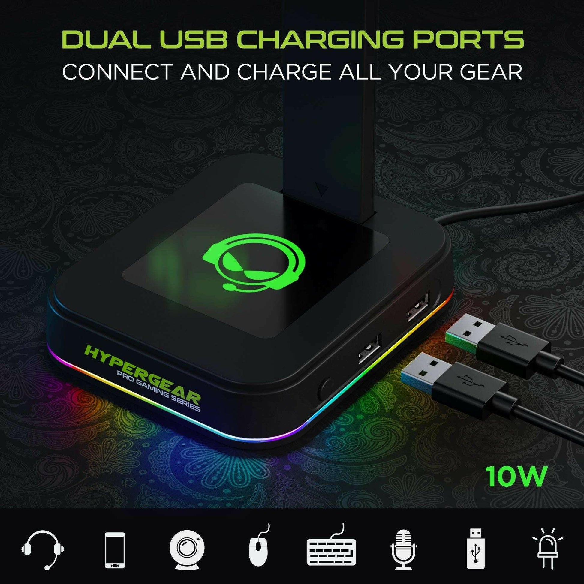HyperGear RGB Command Station Headset Stand – Dual USB Ports & Lighting - GoTypical