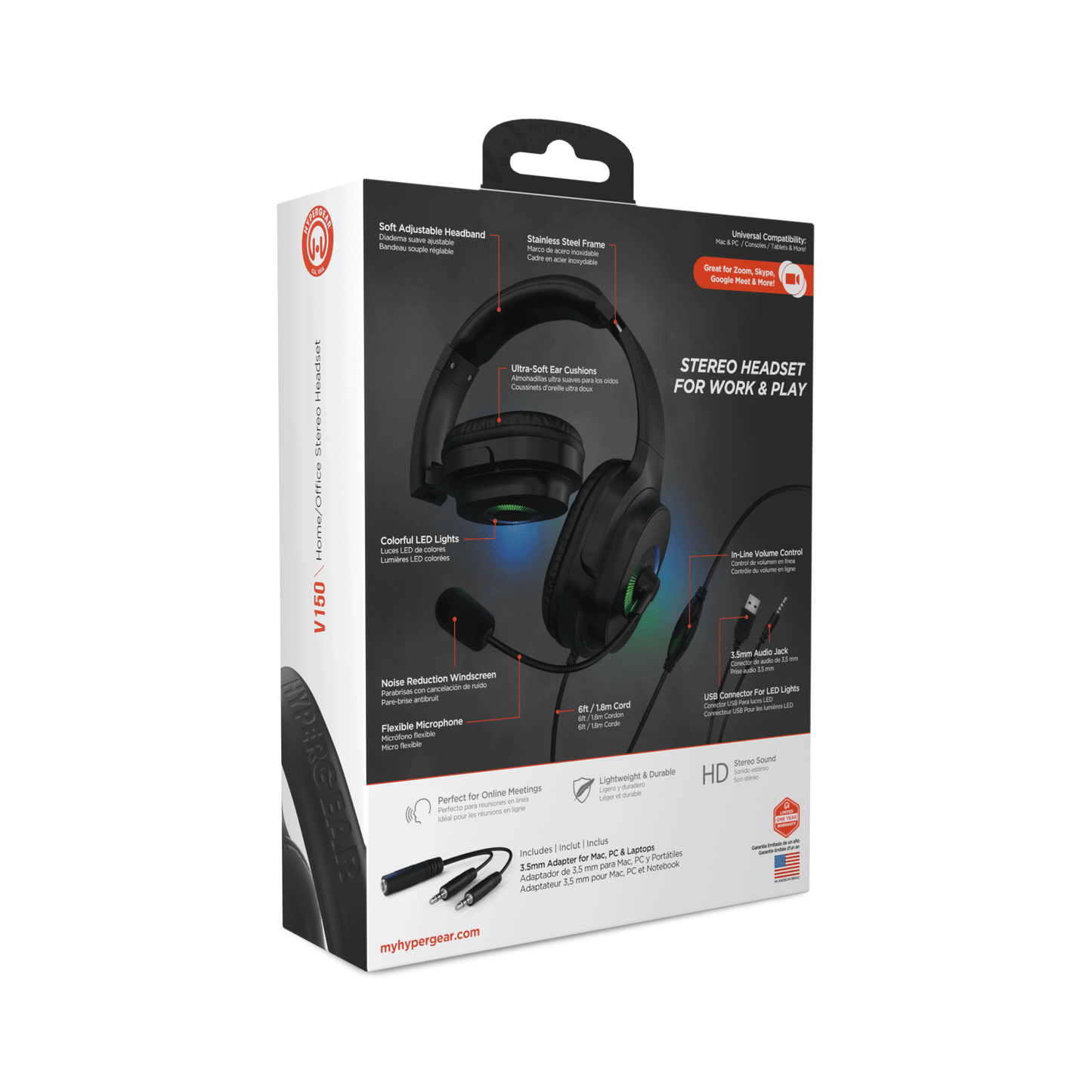Stereo Headset – HyperGear V150 Over-Ear with Noise Reduction & LED Lights - GoTypical