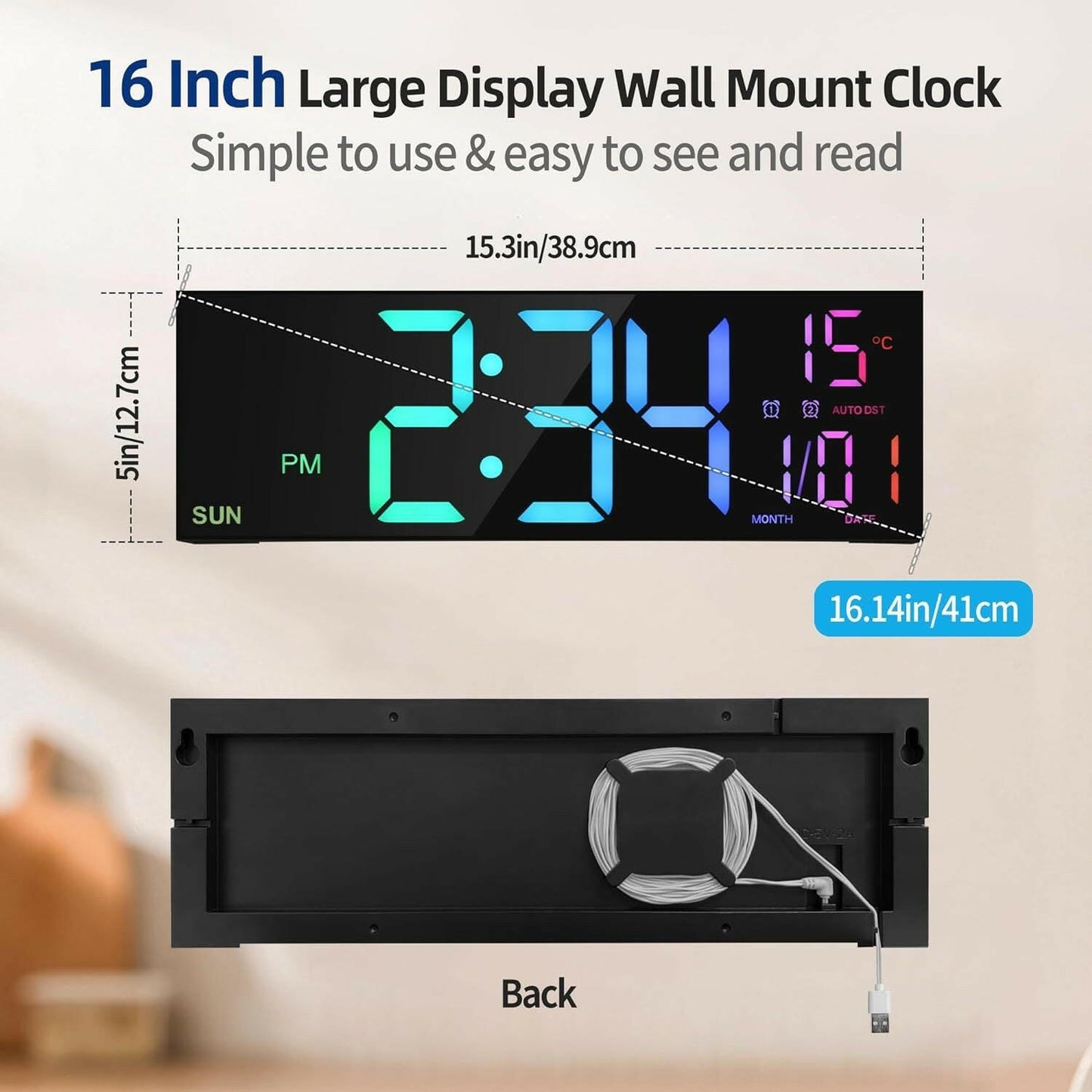 . Large Digital Wall Clock – Remote Control, 8 RGB Colors - GoTypical