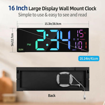 . Large Digital Wall Clock – Remote Control, 8 RGB Colors - GoTypical