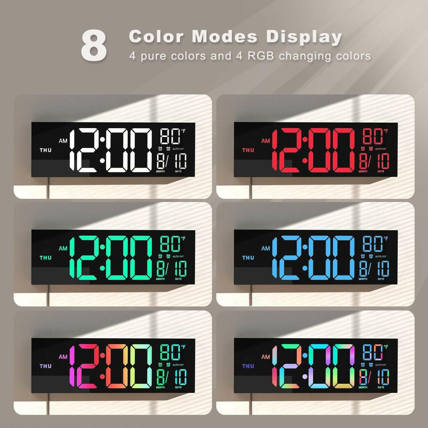 . Large Digital Wall Clock – Remote Control, 8 RGB Colors - GoTypical
