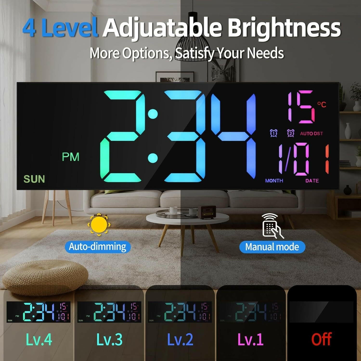 . Large Digital Wall Clock – Remote Control, 8 RGB Colors - GoTypical