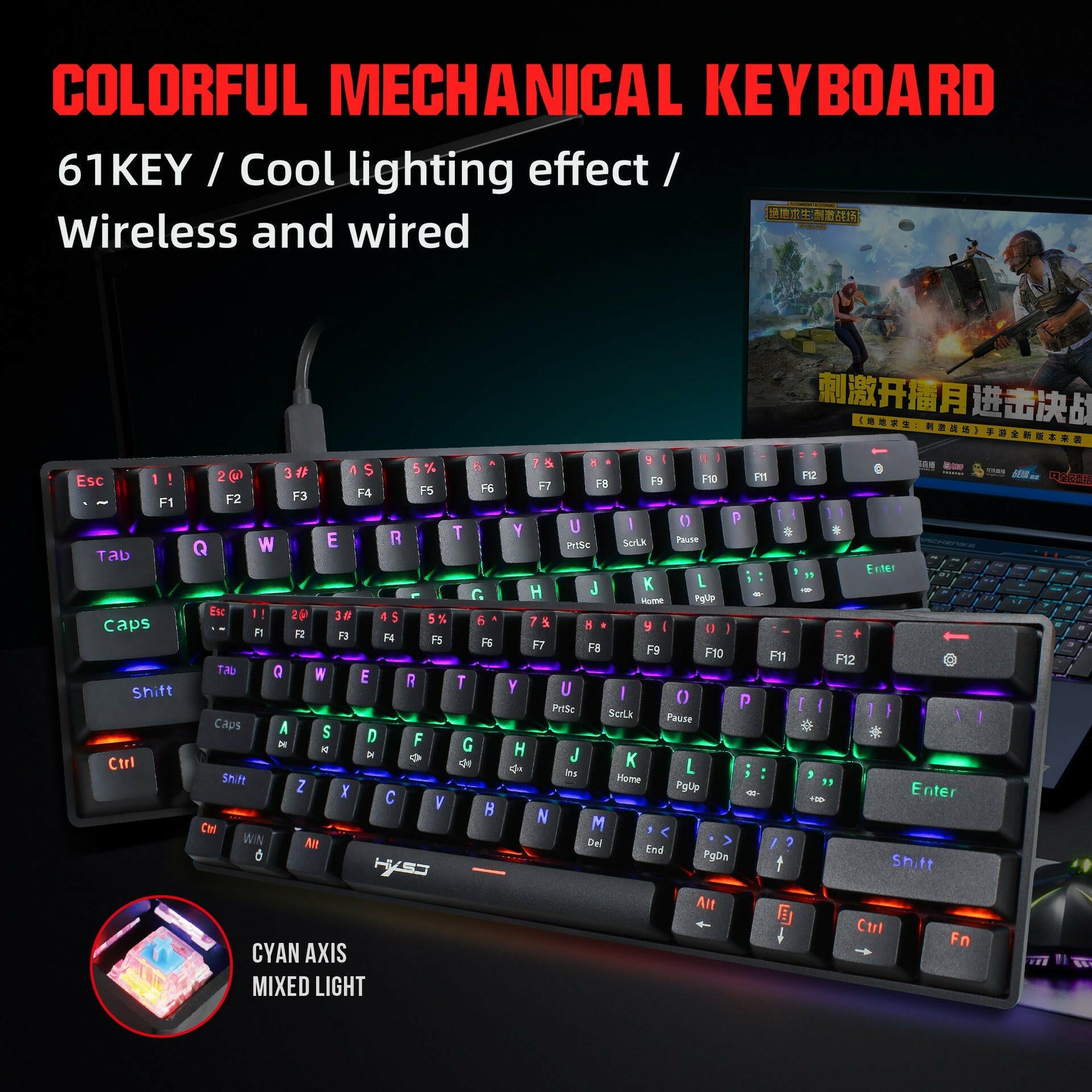 . Mechanical Keyboard 61 Keys Wired RGB Blue Axis Type-C - GoTypical