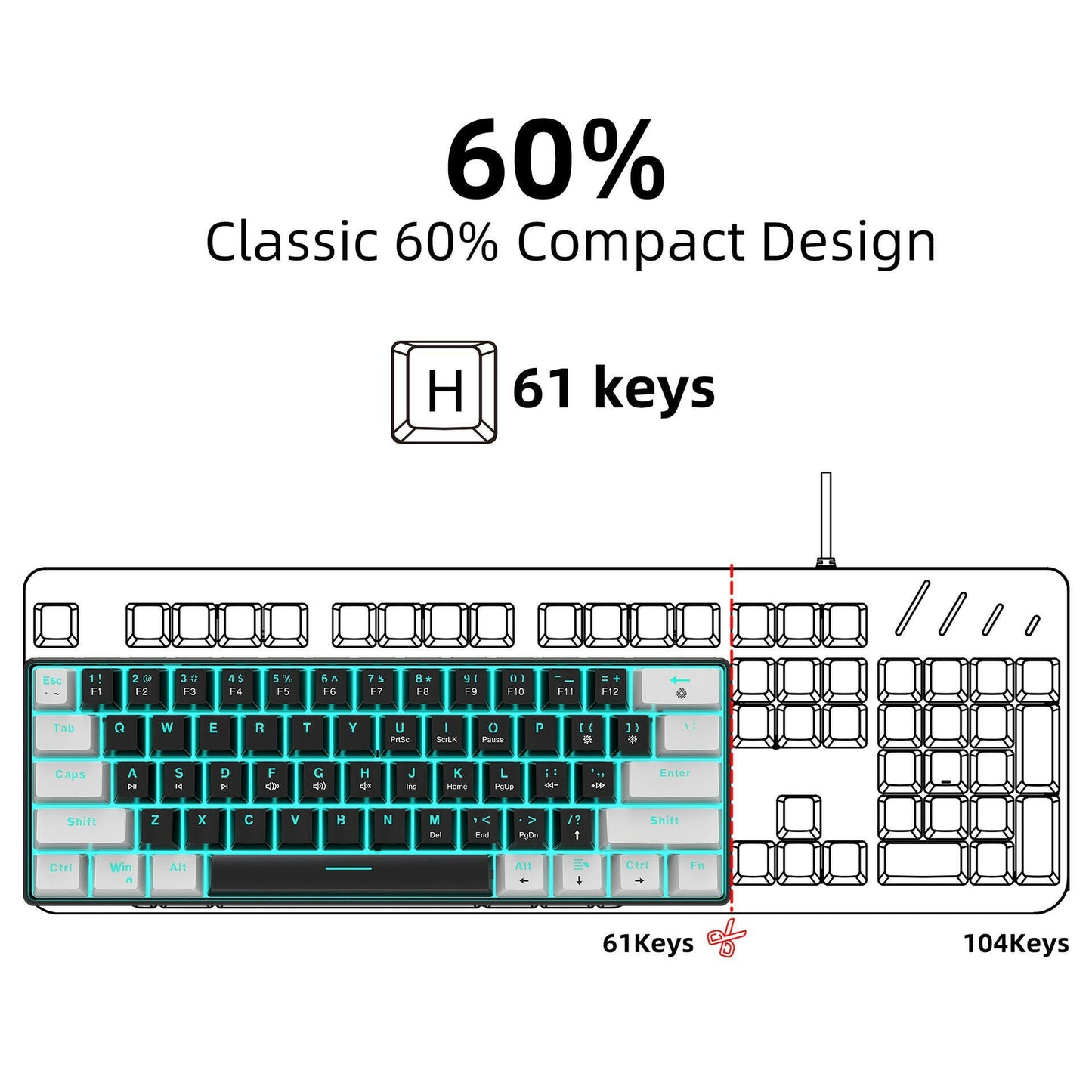 . Mechanical Keyboard – 61 Key Dual Color ABS Keycaps Ice Blue Backlit - GoTypical