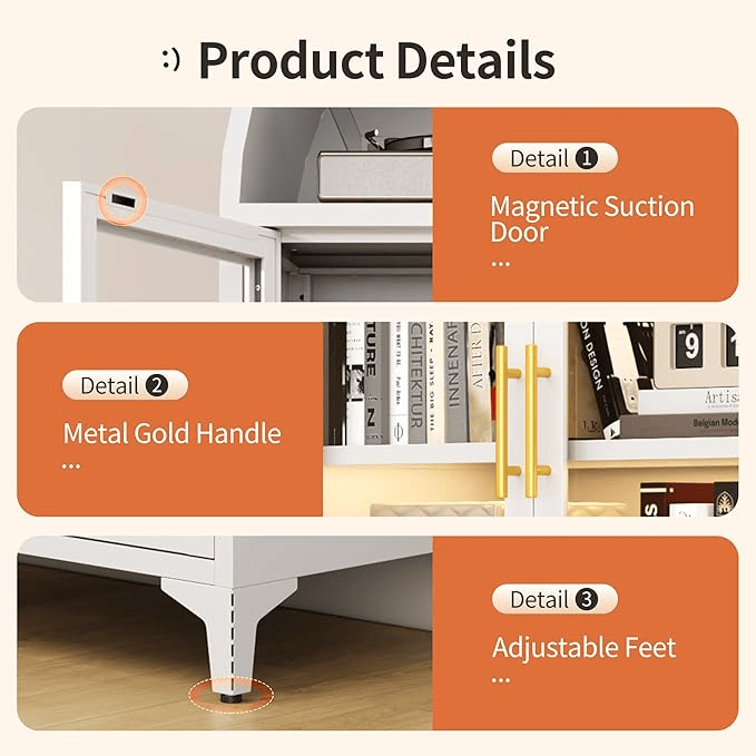 Metal Arched Cabinet – 72.8" Tall White Glass Door Storage Bookcase - GoTypical