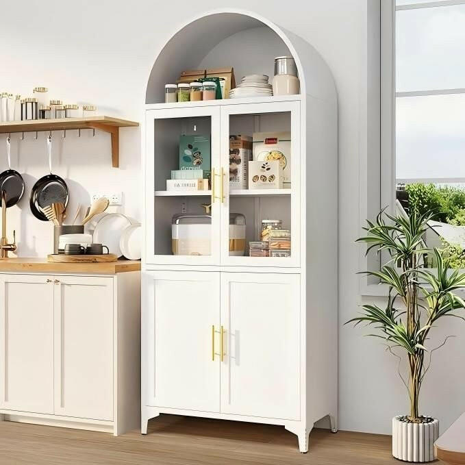 Metal Arched Cabinet – 72.8" Tall White Glass Door Storage Bookcase - GoTypical