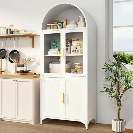 Metal Arched Cabinet – 72.8" Tall White Glass Door Storage Bookcase - GoTypical
