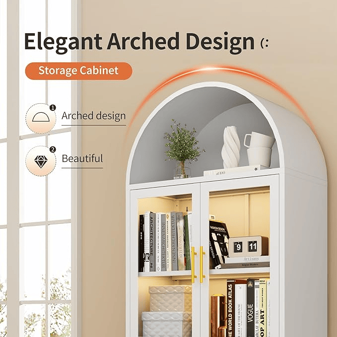 Metal Arched Cabinet – 72.8" Tall White Glass Door Storage Bookcase - GoTypical