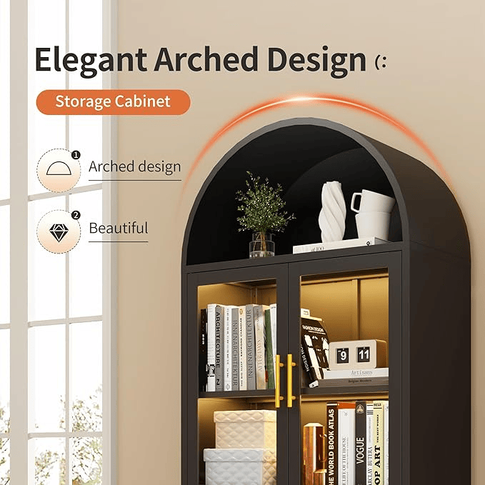 Metal Arched Cabinet – 72.8" Tall White Glass Door Storage Bookcase - GoTypical