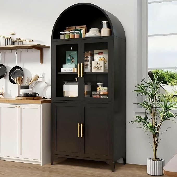 Metal Arched Cabinet – 72.8" Tall White Glass Door Storage Bookcase - GoTypical