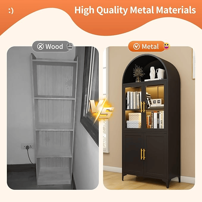 Metal Arched Cabinet – 72.8" Tall White Glass Door Storage Bookcase - GoTypical