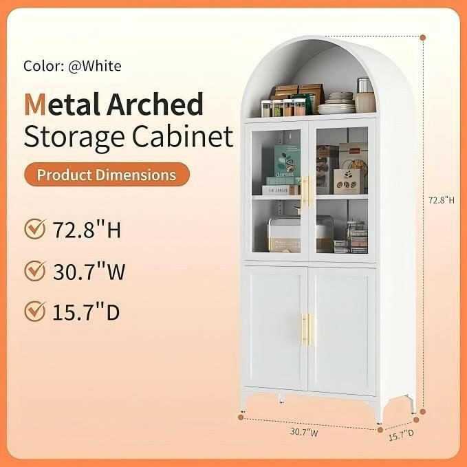 Metal Arched Cabinet – 72.8" Tall White Glass Door Storage Bookcase - GoTypical
