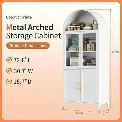Metal Arched Cabinet – 72.8" Tall White Glass Door Storage Bookcase - GoTypical