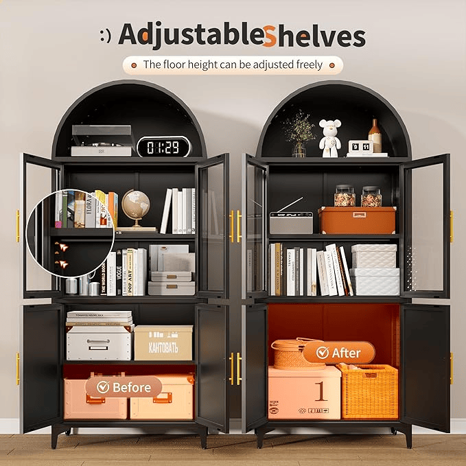 Metal Arched Cabinet – 72.8" Tall White Glass Door Storage Bookcase - GoTypical