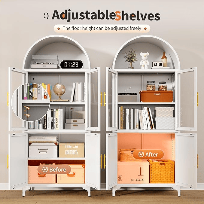 Metal Arched Cabinet – 72.8" Tall White Glass Door Storage Bookcase - GoTypical