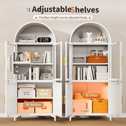 Metal Arched Cabinet – 72.8" Tall White Glass Door Storage Bookcase - GoTypical