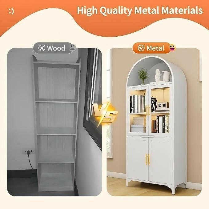 Metal Arched Cabinet – 72.8" Tall White Glass Door Storage Bookcase - GoTypical