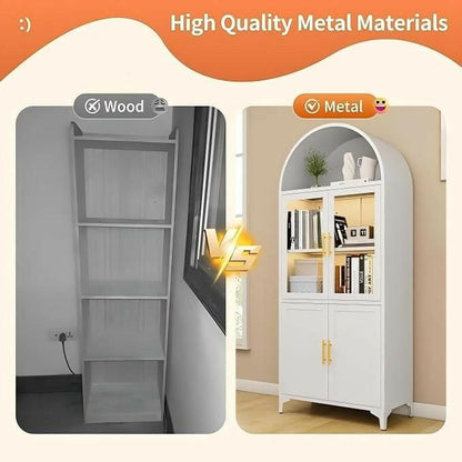 Metal Arched Cabinet – 72.8" Tall White Glass Door Storage Bookcase - GoTypical
