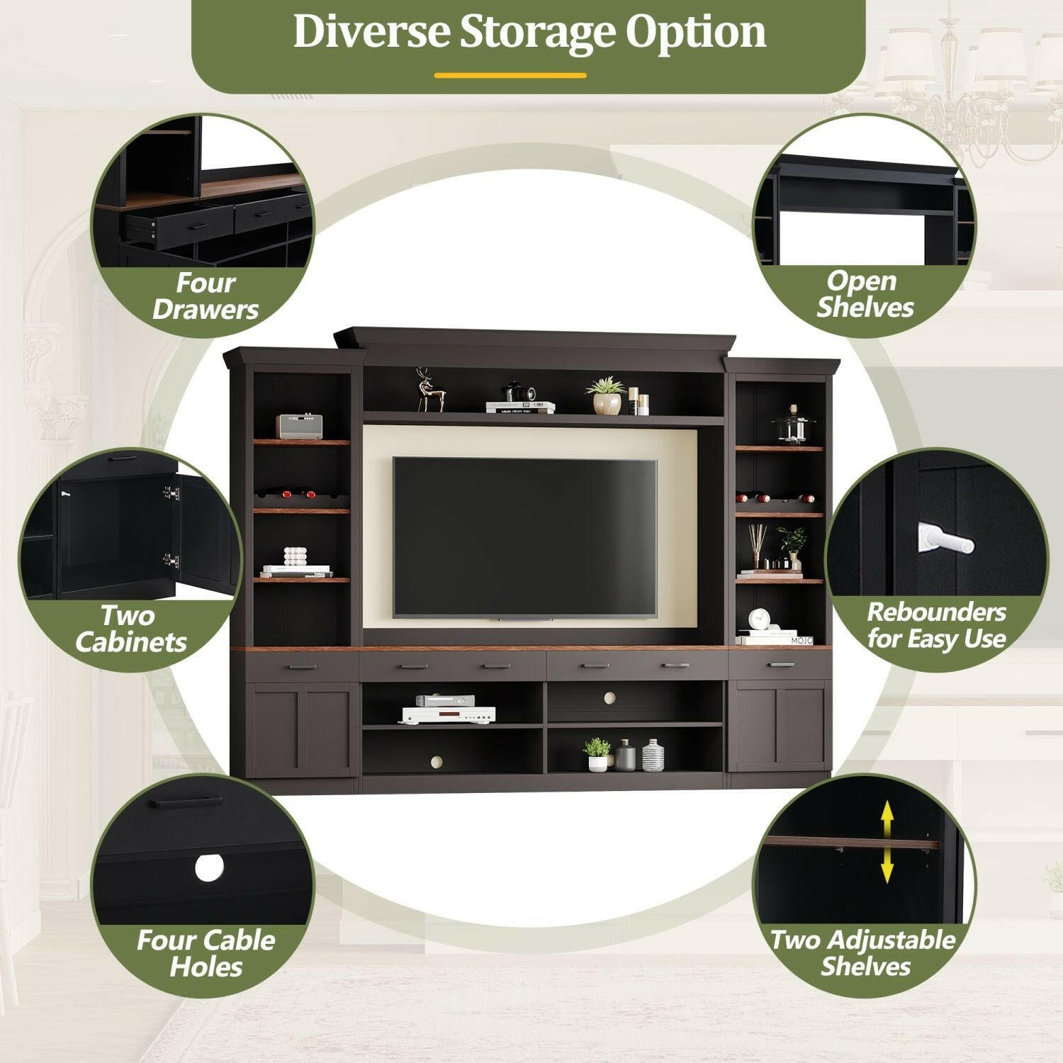 Entertainment Wall Unit Set – Black & Walnut TV Stand with Adjustable Shelves for 70" TVs - GoTypical